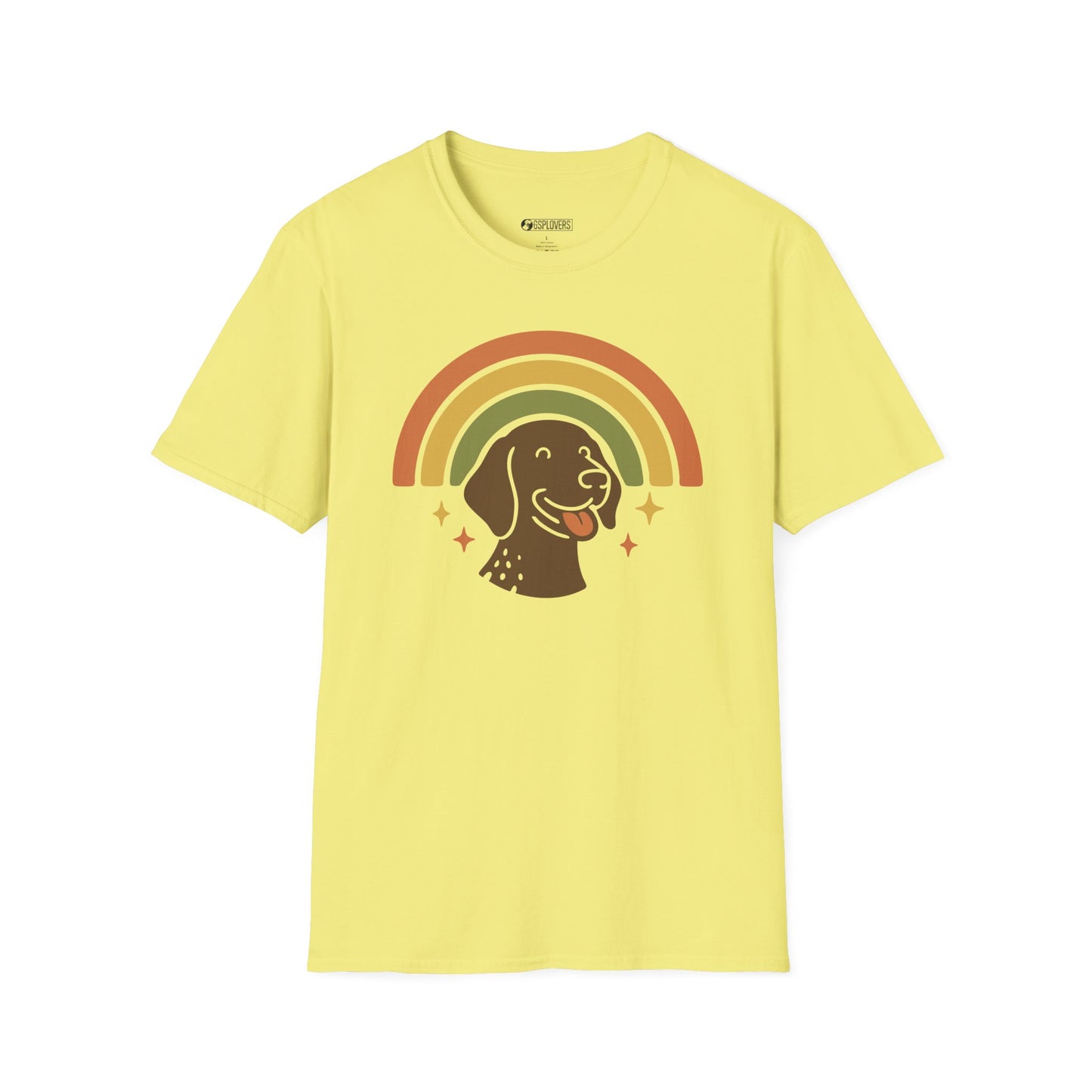 Yellow t-shirt with a dog and rainbow design on a white background