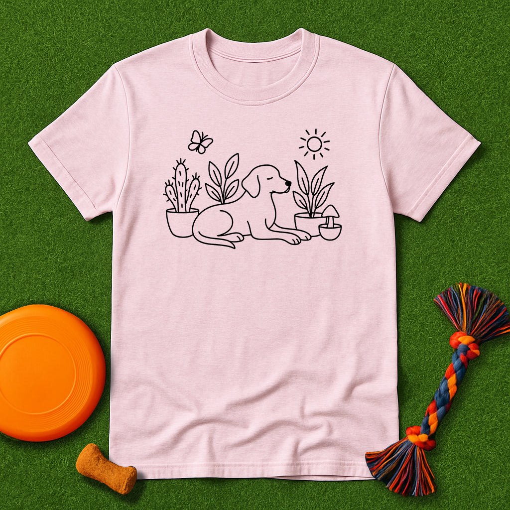 “Dog & Plants Line Art” T-Shirt