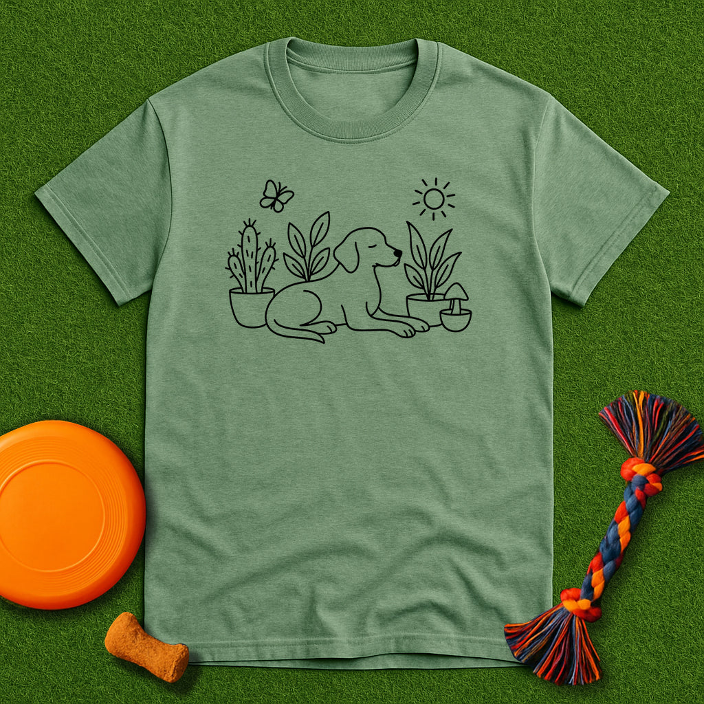 “Dog & Plants Line Art” T-Shirt